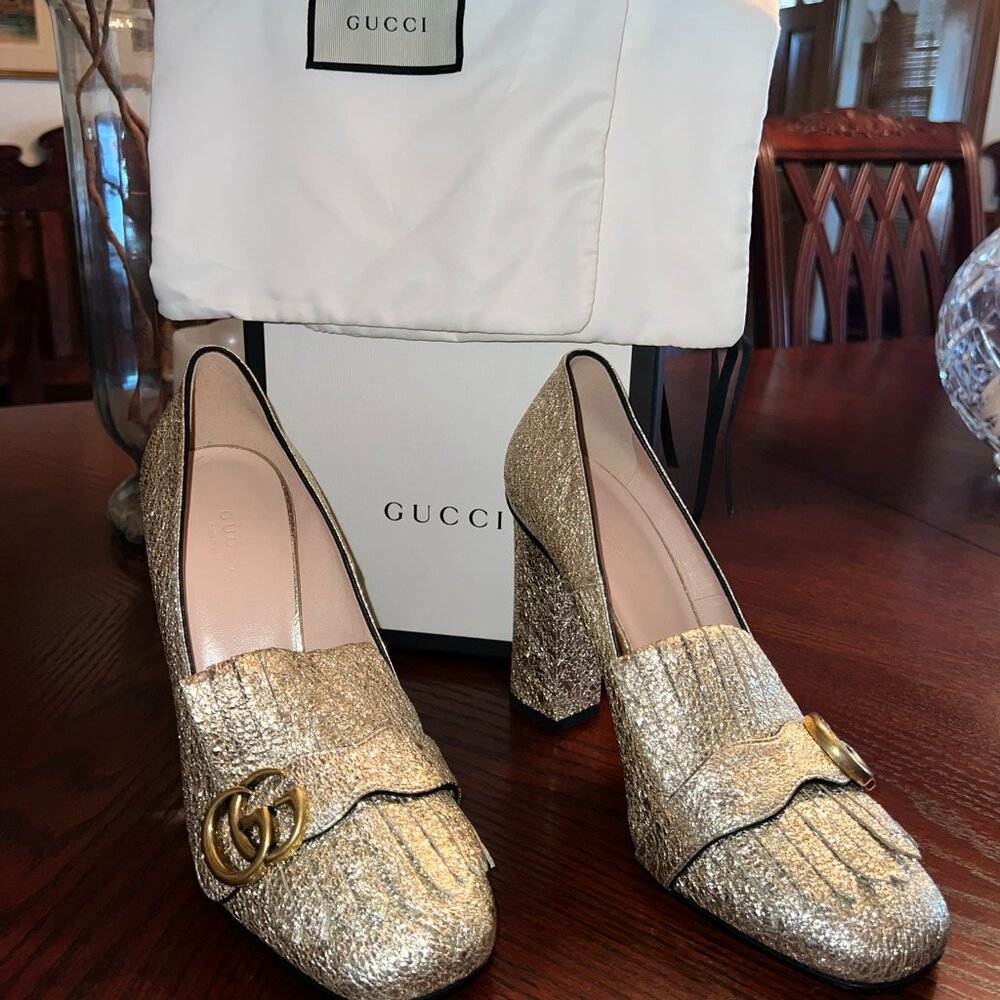 Gucci Marmont gold glitter fringe double G pumps, 4" heels